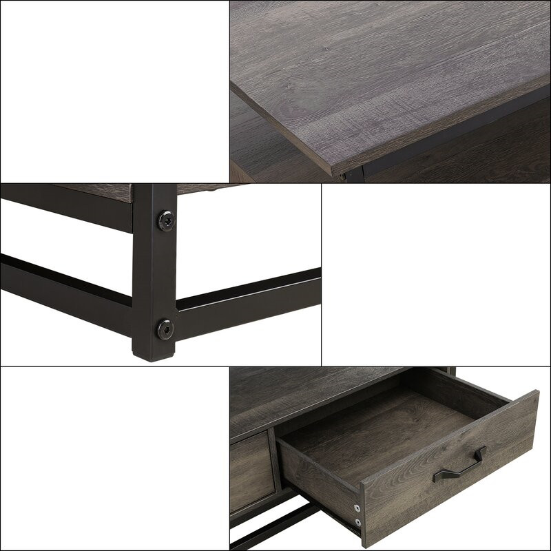 Coffee Table, Industrial Coffee Table with 2 Cloth Drawers & Open Storage Shelf, Modern Accent Cocktail Table with Hidden Compartment for Living Room, Metal Frame, Rustic Brown