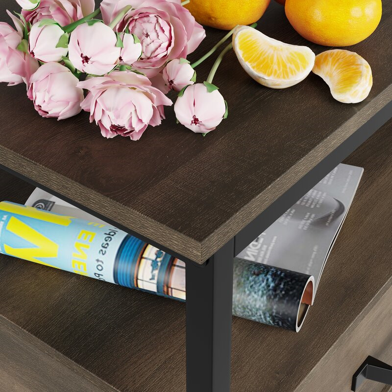 Coffee Table, Industrial Coffee Table with 2 Cloth Drawers & Open Storage Shelf, Modern Accent Cocktail Table with Hidden Compartment for Living Room, Metal Frame, Rustic Brown