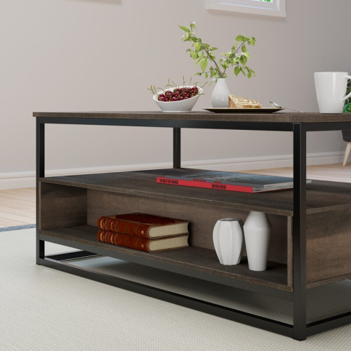 Coffee Table, Industrial Coffee Table with 2 Cloth Drawers & Open Storage Shelf, Modern Accent Cocktail Table with Hidden Compartment for Living Room, Metal Frame, Rustic Brown