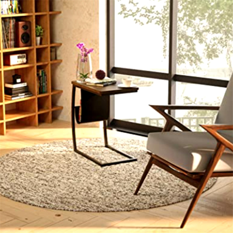 Side Table End Table, Vintage C Shaped Couch Table with Side Pocket for Sofa Laptop Coffee Snack, Dark Walnut