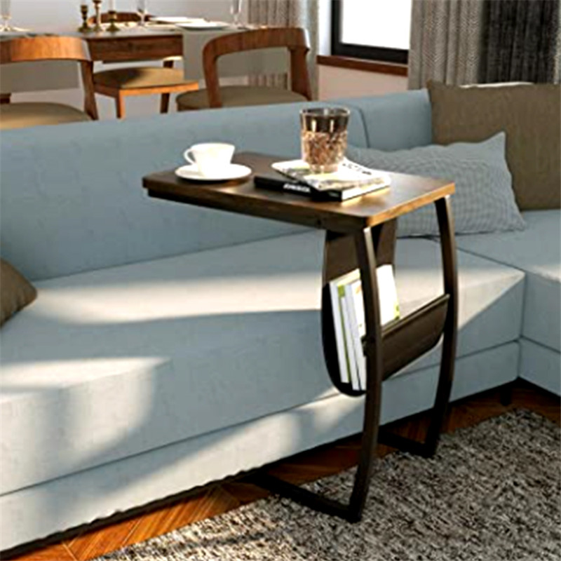 Side Table End Table, Vintage C Shaped Couch Table with Side Pocket for Sofa Laptop Coffee Snack, Dark Walnut