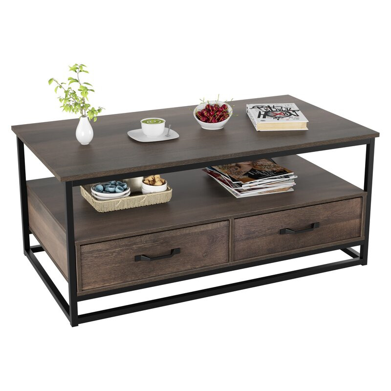 Coffee Table, Industrial Coffee Table with 2 Cloth Drawers & Open Storage Shelf, Modern Accent Cocktail Table with Hidden Compartment for Living Room, Metal Frame, Rustic Brown