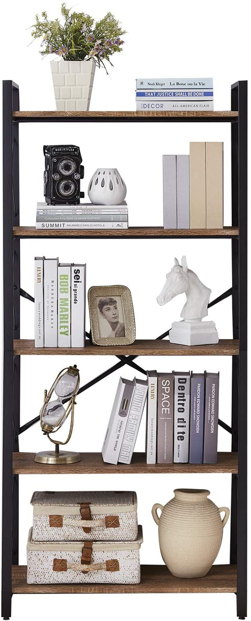 5 Tier Bookshelf, Tall Bookcase Shelf Storage Organizer, Modern Book Shelf for Bedroom, Living Room and Home Office, Vintage