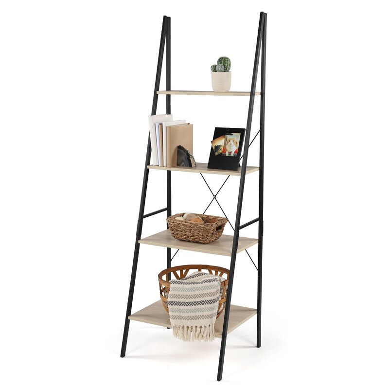 A-shape shelf with 4 Tier Bookcase,bookshelf for multi-purpose in living room or bedroom Light Brown & Black