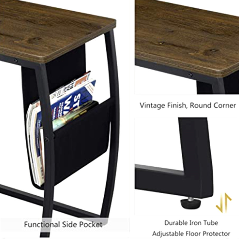 Side Table End Table, Vintage C Shaped Couch Table with Side Pocket for Sofa Laptop Coffee Snack, Dark Walnut