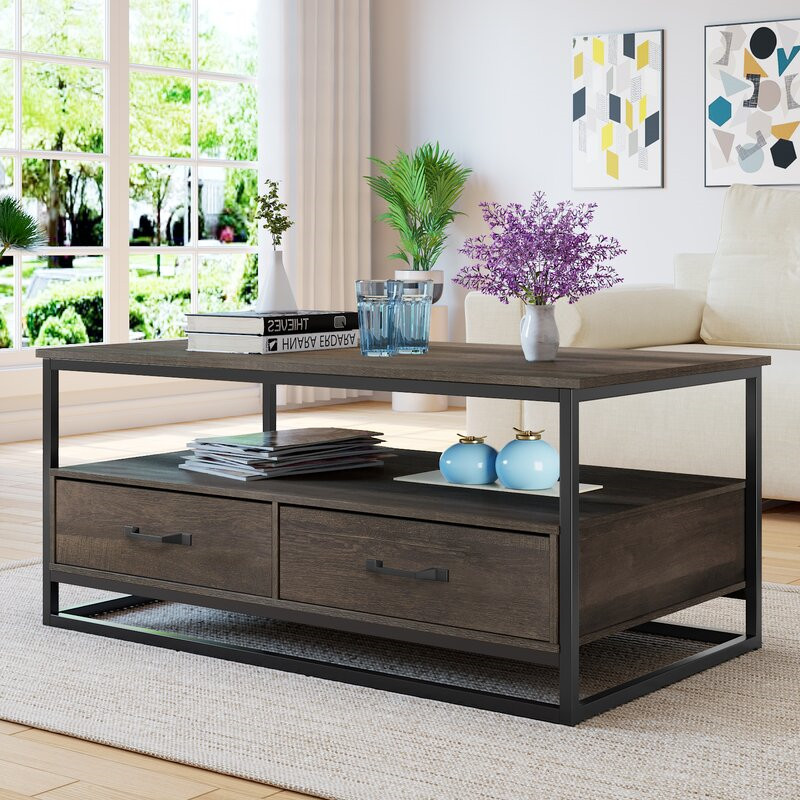Coffee Table, Industrial Coffee Table with 2 Cloth Drawers & Open Storage Shelf, Modern Accent Cocktail Table with Hidden Compartment for Living Room, Metal Frame, Rustic Brown