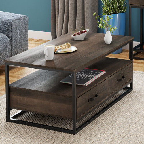 Coffee Table, Industrial Coffee Table with 2 Cloth Drawers &amp; Open Storage Shelf, Modern Accent Cocktail Table with Hidden Compartment for Living Room, Metal Frame, Rustic Brown