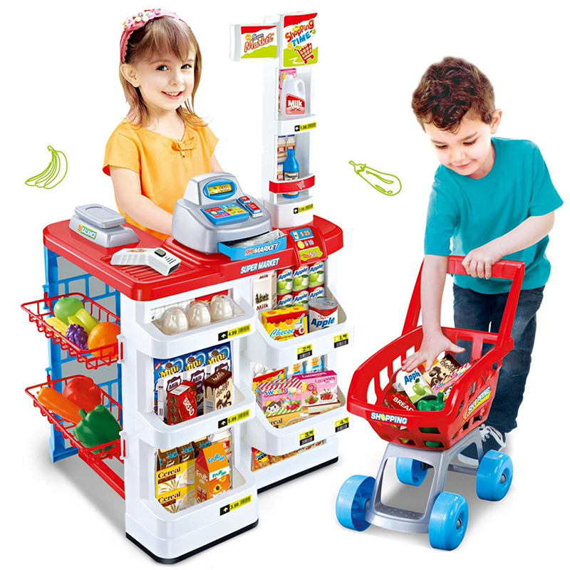 Children simulation supermarket sales counter shopping cart combination set play house supermarket scanning cashier toys