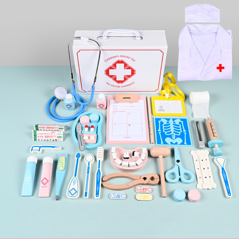 Wooden simulation 43 pieces baby shot to see the doctor experience children's wooden play house small doctor toy set