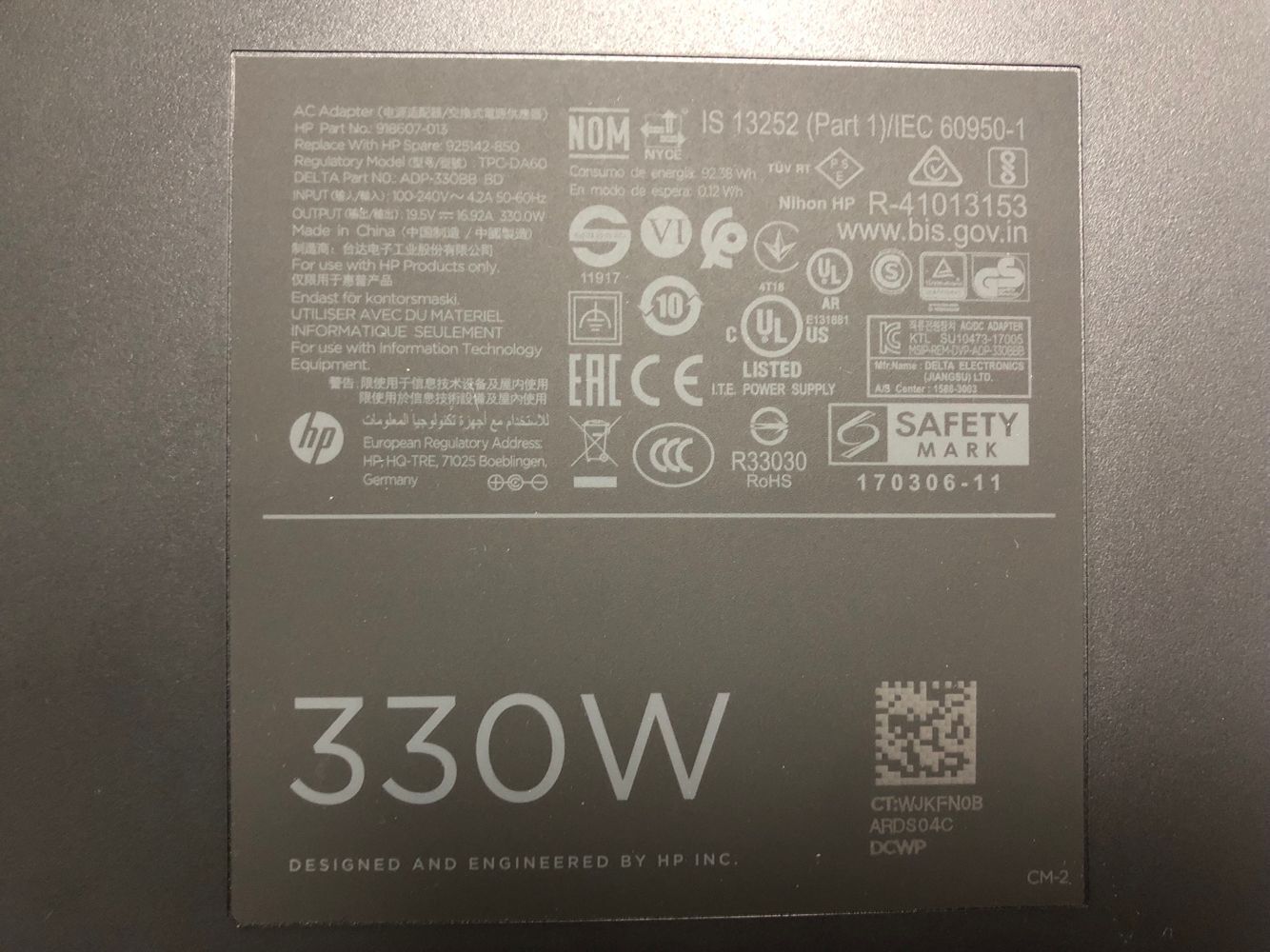 19.5V 16.92A 330W TPC-DA60 7.4mm Pin AC Adapter For HP Omen X Laptop 918607-013 Laptop Original