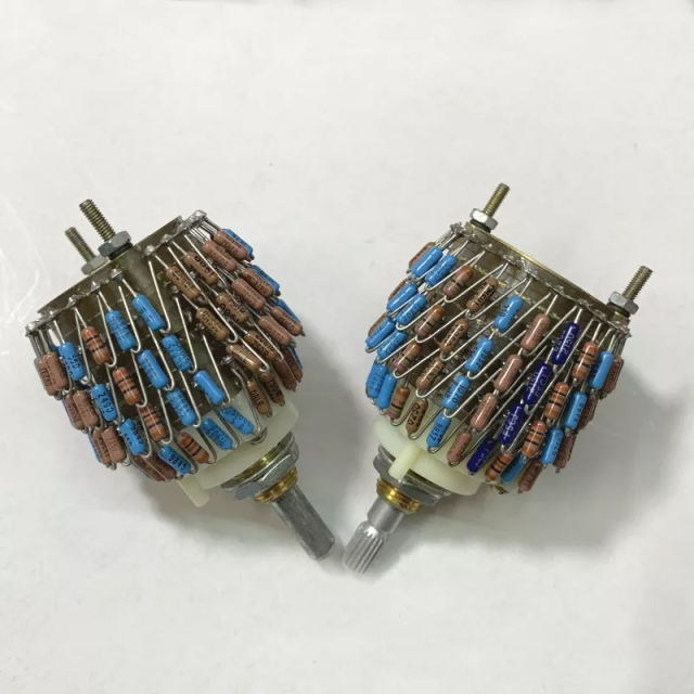 1pc four channel 10K 50K 100K 4 Pole 4X24 Step volume Attenuator Potentiome​ter rotary switch with DALE Resistor peduncular shaft