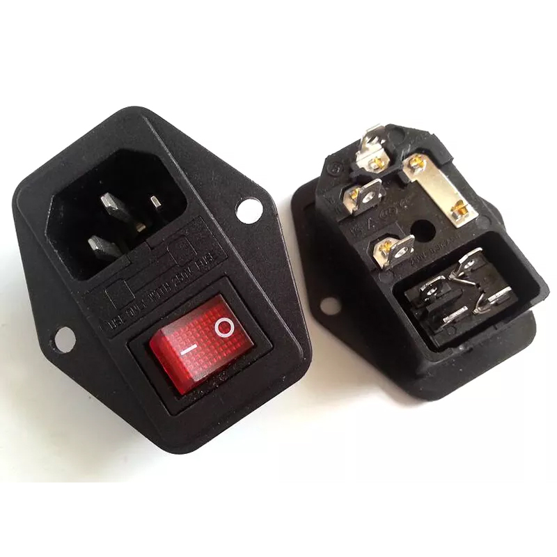 1PC AC Power Socket Connector With Fuse Holder Green Red Button Switch 250V 10A