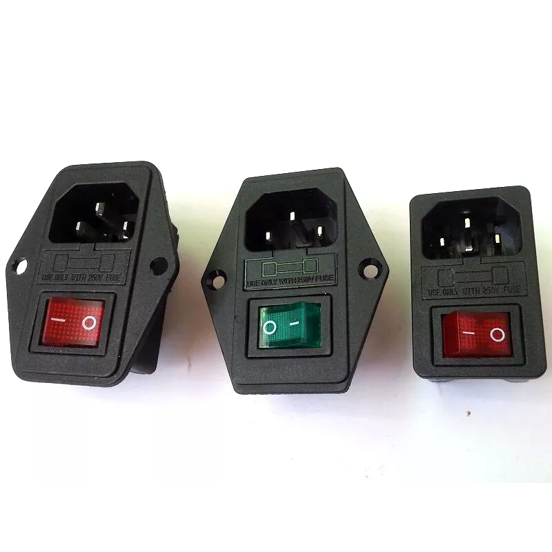 1PC AC Power Socket Connector With Fuse Holder Red Button light Switch 250V 10A No screw