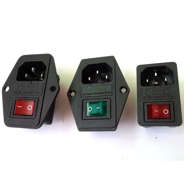 1PC AC Power Socket Connector With Fuse Holder Red Button light Switch 250V 10A No screw