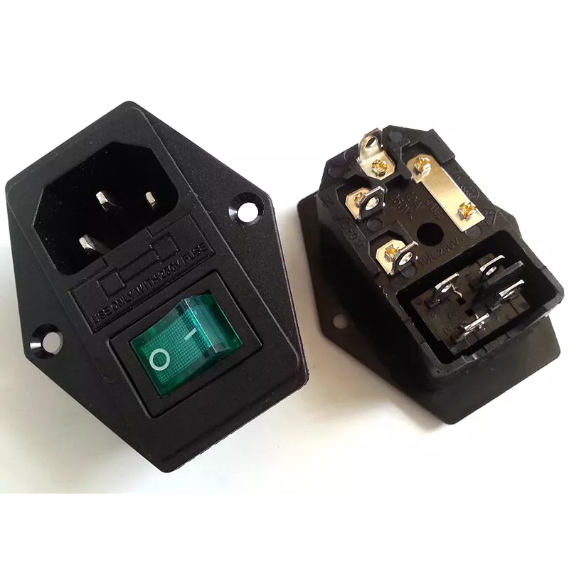 1PC AC Power Socket Connector With Fuse Holder Green Red Button Switch 250V 10A