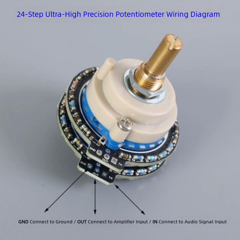 High Precision 24-Step 50kΩ Dual-Gang Stepped Rotary Volume Potentiometer, Round Shaft Band-Switch Volume Control Pot for HiFi Audio Amplifier