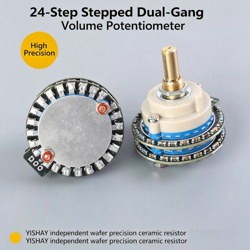 High Precision 24-Step 50kΩ Dual-Gang Stepped Rotary Volume Potentiometer, Round Shaft Band-Switch Volume Control Pot for HiFi Audio Amplifier