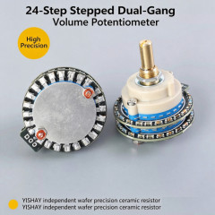 High Precision 24-Step 50kΩ Dual-Gang Stepped Rotary Volume Potentiometer, Round Shaft Band-Switch Volume Control Pot for HiFi Audio Amplifier