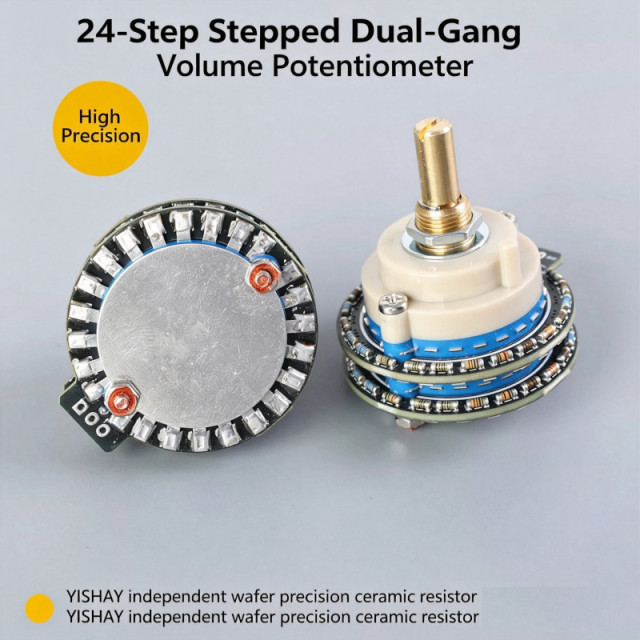 High Precision 24-Step 50kΩ Dual-Gang Stepped Rotary Volume Potentiometer, Round Shaft Band-Switch Volume Control Pot for HiFi Audio Amplifier