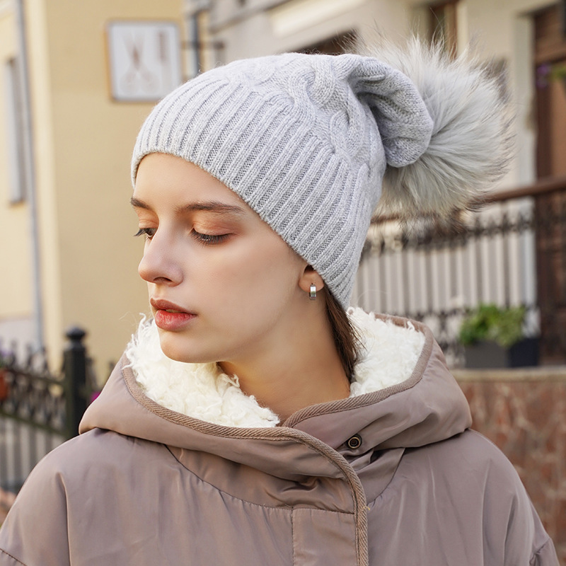 Cable Knit Cashmere Beanie with Pom Pom