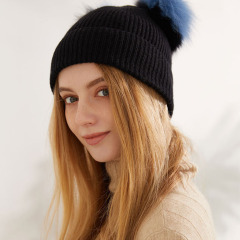 Rib Knit Cashmere Beanie with Double Pom Pom