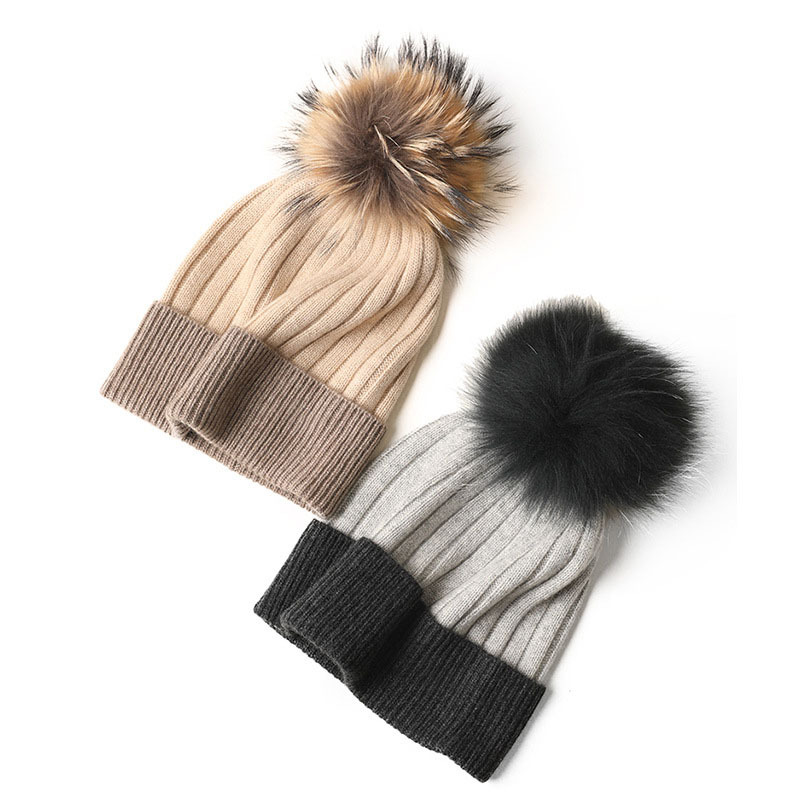 Dual-Color Rib Knit Cashmere Beanie with Pom Pom