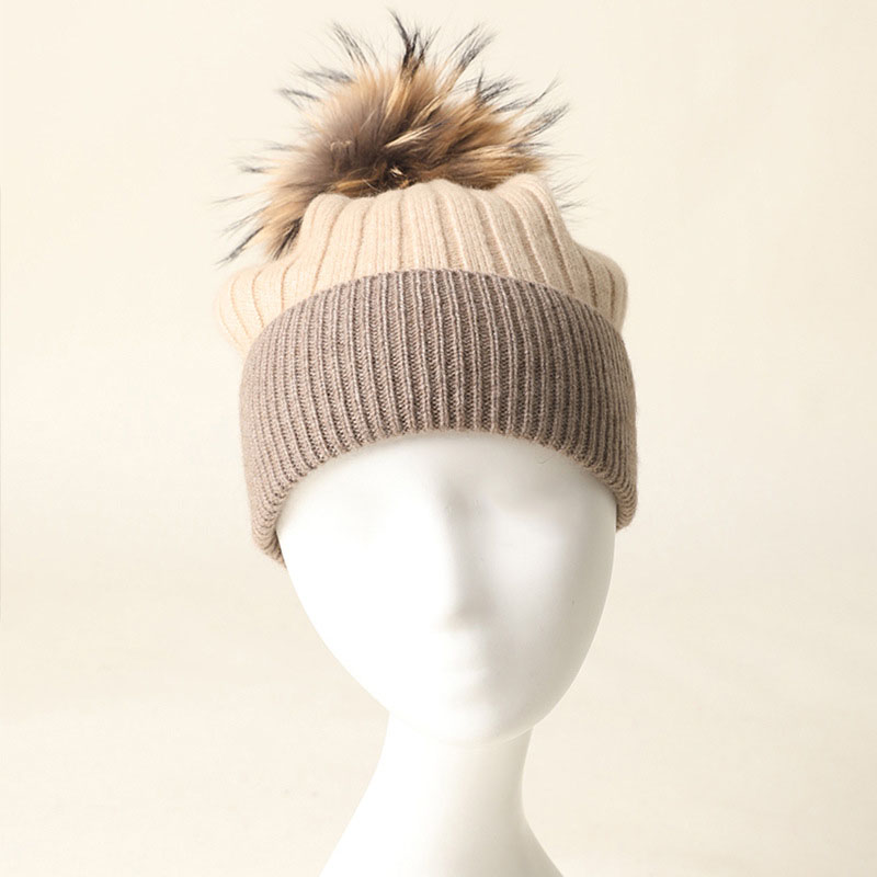 Dual-Color Rib Knit Cashmere Beanie with Pom Pom