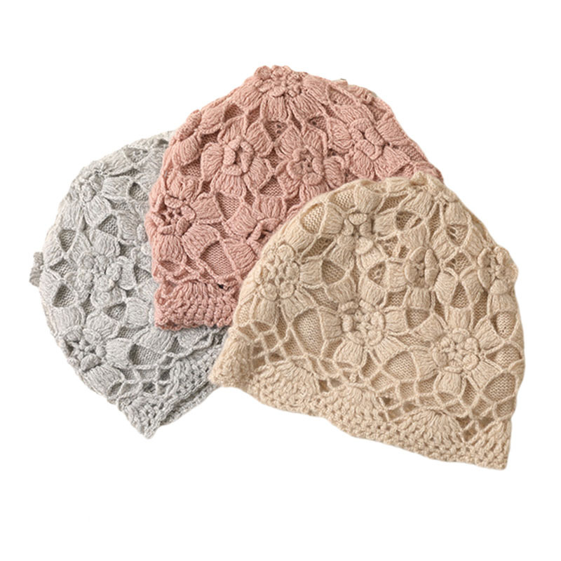 Double Layer Hand Knit Flower Cashmere Beanie