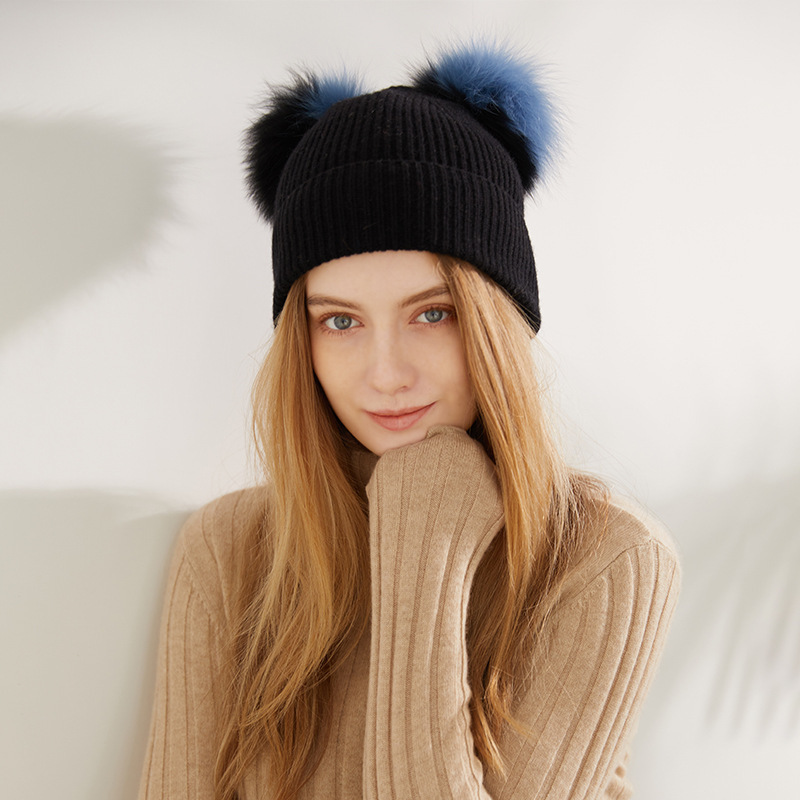 Rib Knit Cashmere Beanie with Double Pom Pom