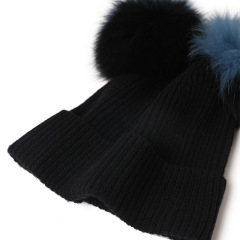 Rib Knit Cashmere Beanie with Double Pom Pom