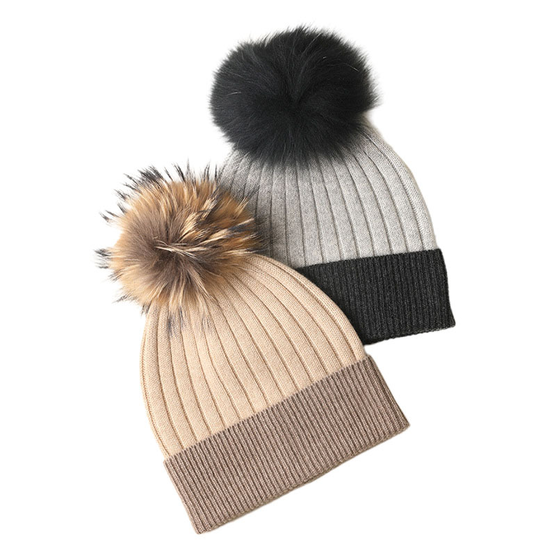 Dual-Color Rib Knit Cashmere Beanie with Pom Pom