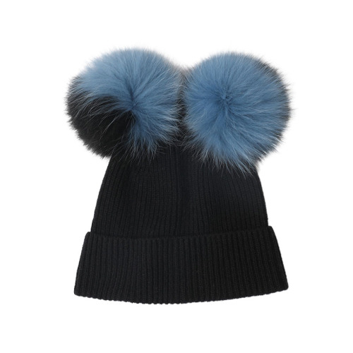 Rib Knit Cashmere Beanie with Double Pom Pom