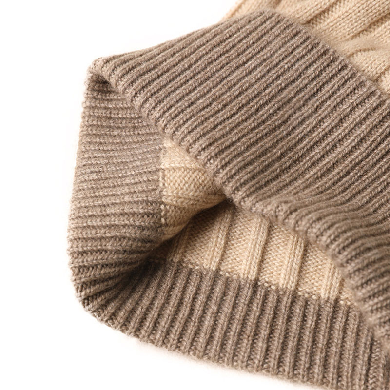 Dual-Color Rib Knit Cashmere Beanie with Pom Pom