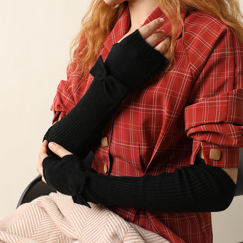 Bow Tie Fingerless Cashmere Long Gloves