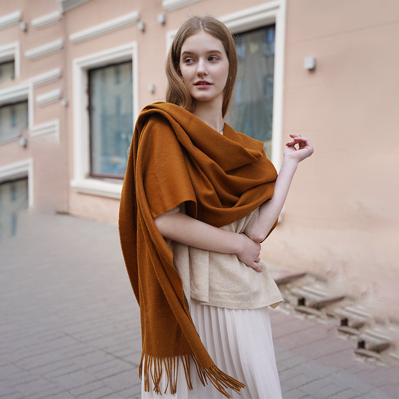 Solid Color Wool Shawl with Tassels