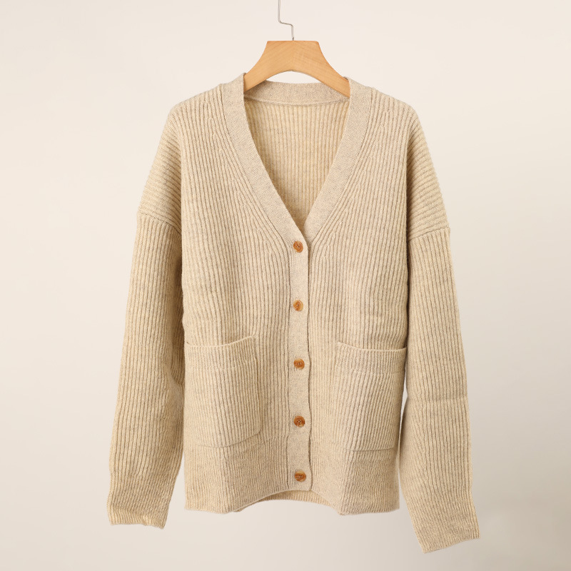 V-Neck Rib Knit Wool Cardigan