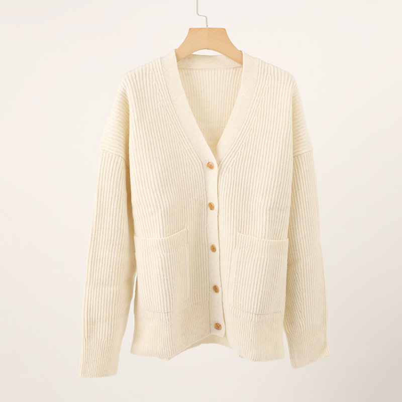 V-Neck Rib Knit Wool Cardigan