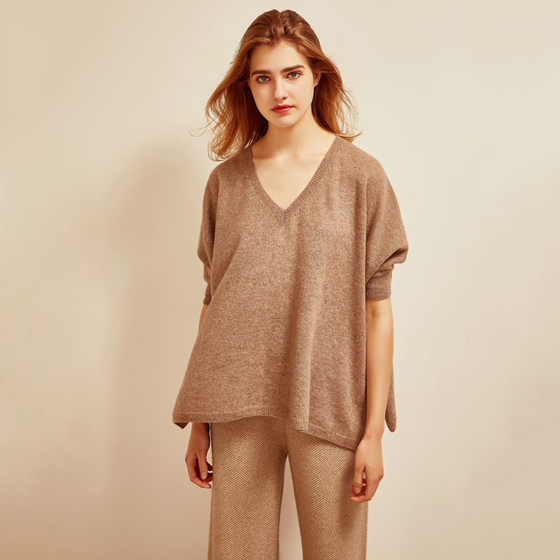 V-Neck Oversized Half Sleeve Cashmere Sweater