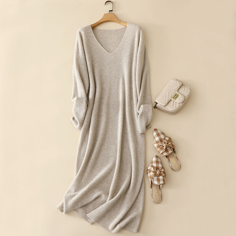 V-Neck Brioche Stitch Cashmere Dress