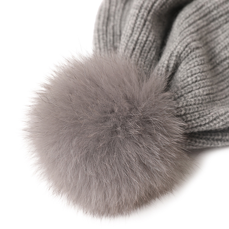 Rib Knit Cashmere Beret with Pom Pom