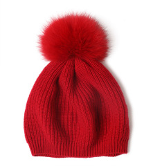 Rib Knit Cashmere Beret with Pom Pom