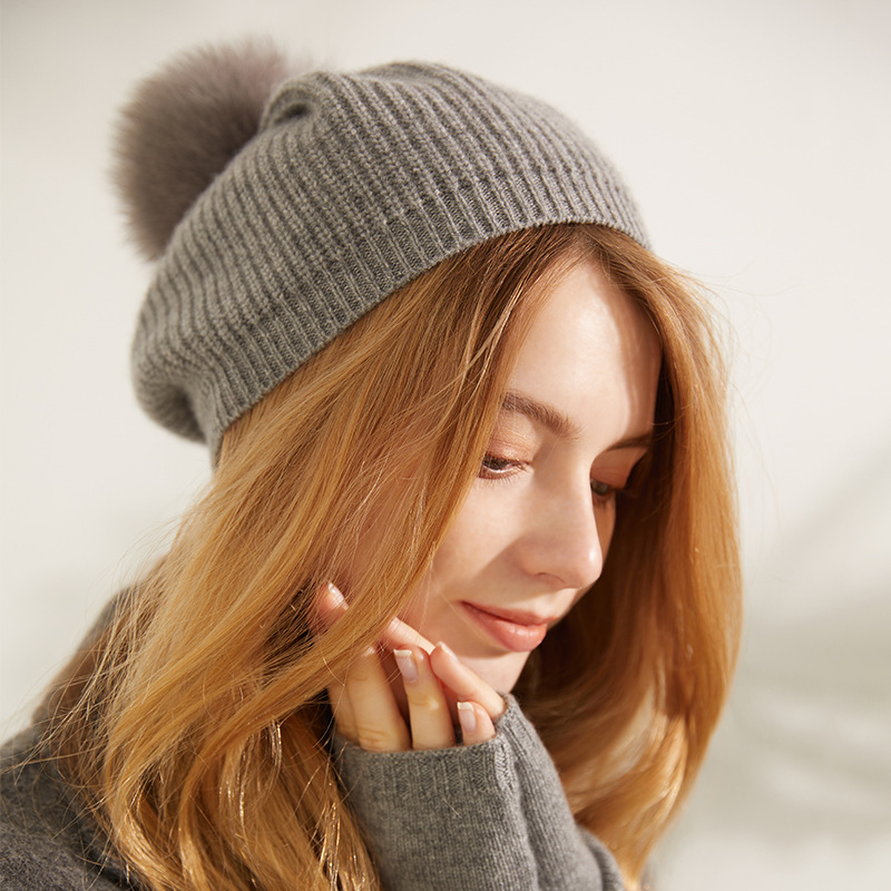 Rib Knit Cashmere Beret with Pom Pom