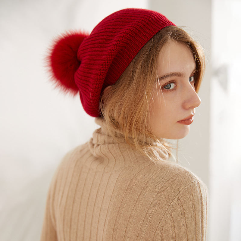 Rib Knit Cashmere Beret with Pom Pom