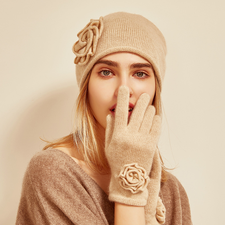 Handmade Rose Cashmere Beanie Gloves Set