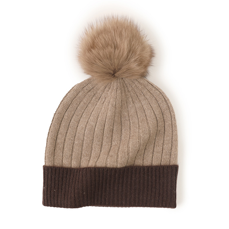 Two-Tone Cashmere Beanie with Pom Pom