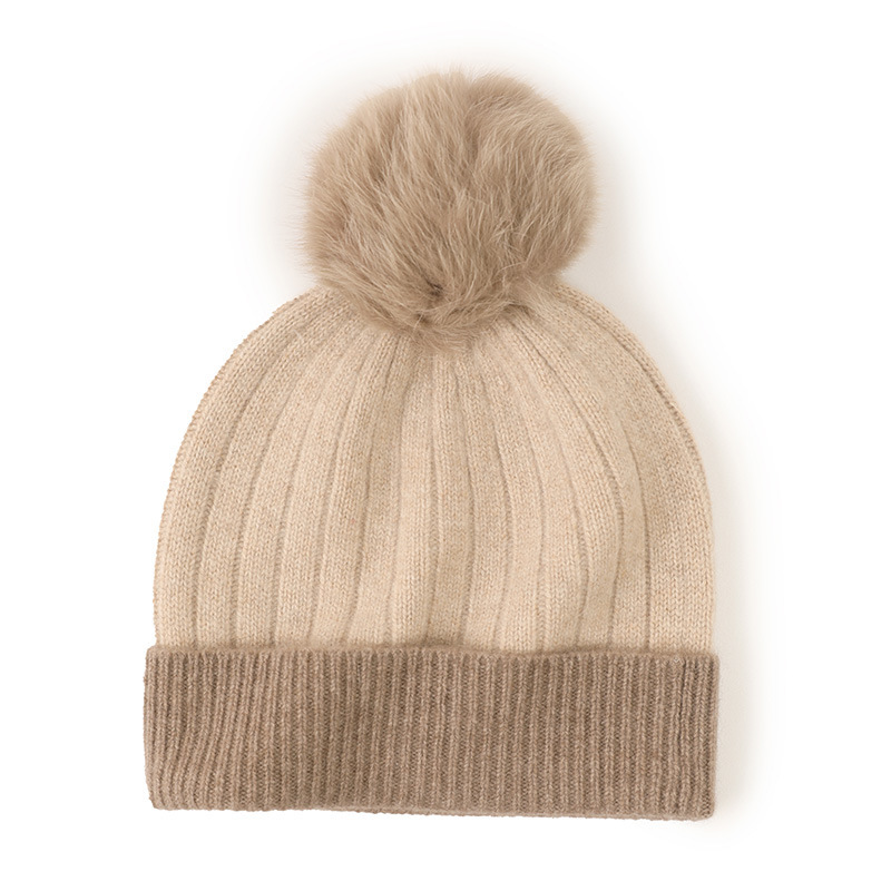 Two-Tone Cashmere Beanie with Pom Pom