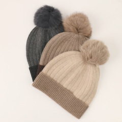 Two-Tone Cashmere Beanie with Pom Pom