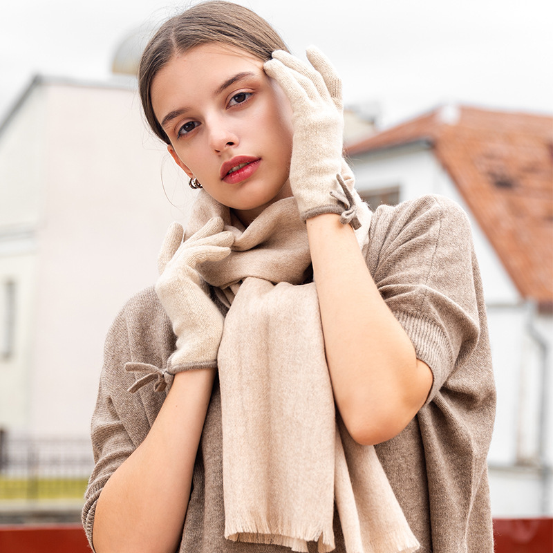 Two-Tone Cashmere Gloves with Ties