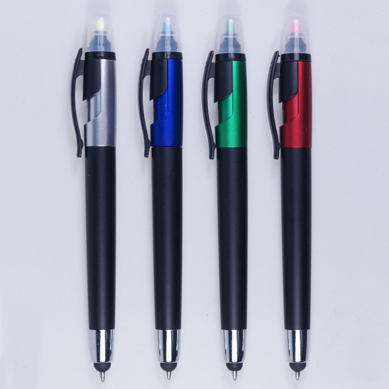 Multi function 3 in 1 dual pen stylus ballpoint ball pen with highlighter