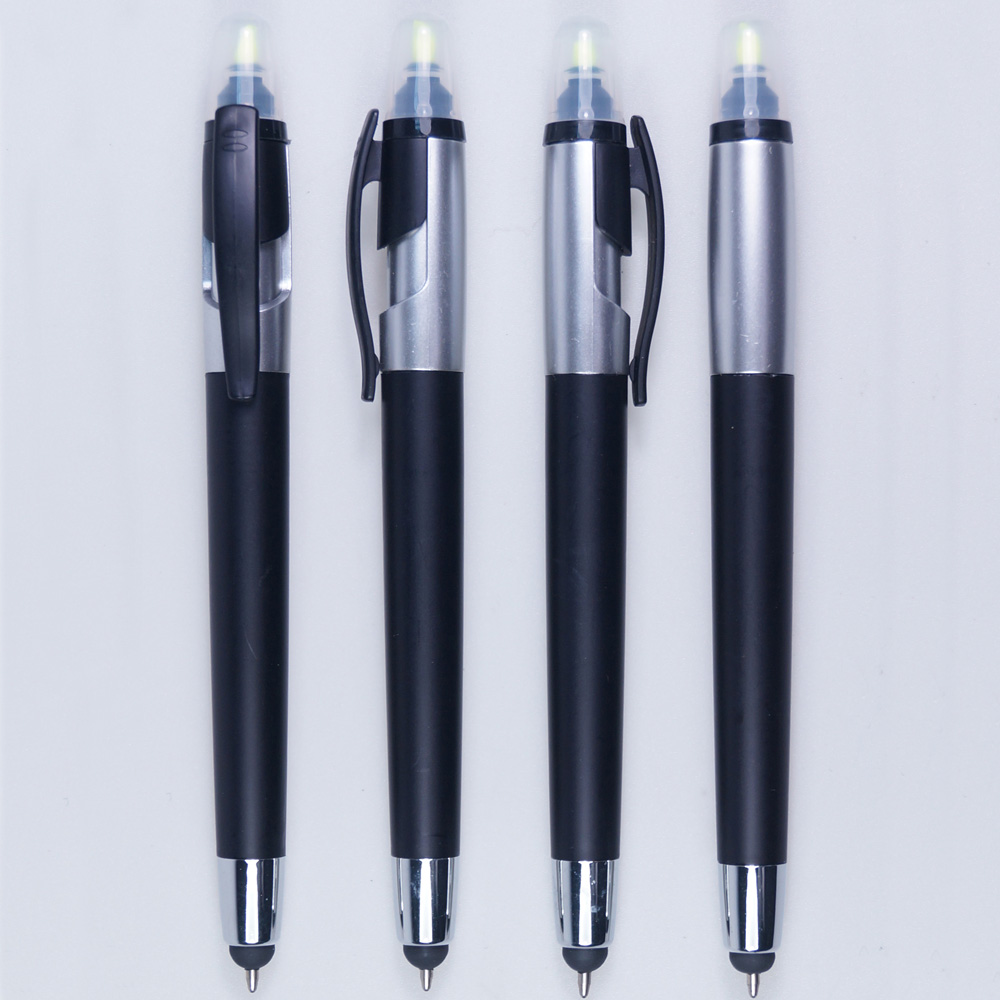 Multi function 3 in 1 dual pen stylus ballpoint ball pen with highlighter